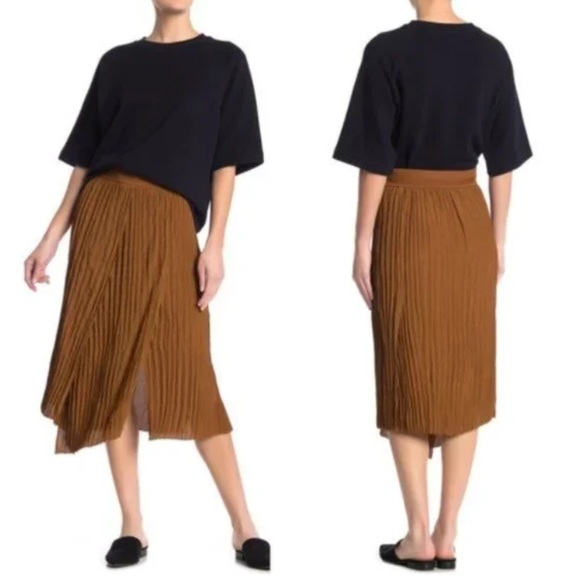 VINCE Silk Blend High Rise Crinkle Pleated Midi Skirt - Tan - Size M - Picture 2 of 9